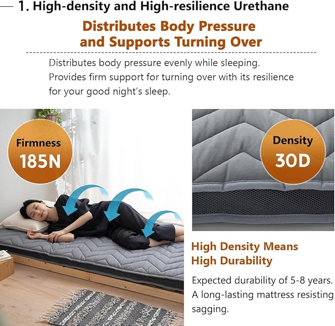 EMOOR Japanese Wool-Blend Padded Futon Mattress GOMA Twin Dark Gray, Gusset Foldable Sotrable Elastic Bands Floor Sleeping Guest Bed Tatami Mat