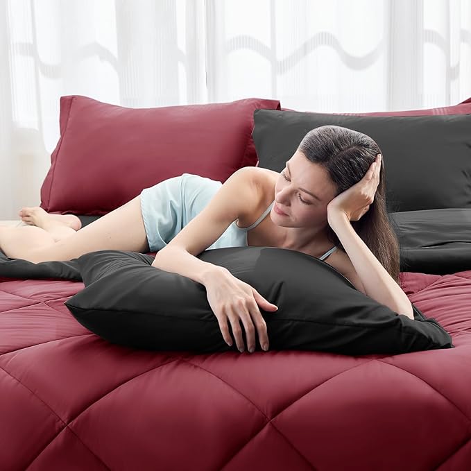 HEVUMYI Red & Black Queen Comforter Set - 7-Piece All Season Burgundy Bed in a Bag Queen, Ultra Soft Bedding Set with Comforter, Flat Sheet, Fitted Sheet, Pillowcases, Pillow Shams, Burgundy