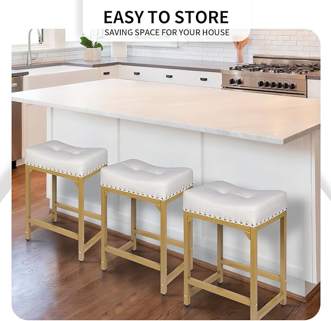 Bar Stools Set of 2, Counter Height Bar Stools for Kitchen Island, 24 Inch Modern White & Gold Saddle Backless Barstools, Counter Stool with Metal Base & Thick Saddle Seats(White+Gold)