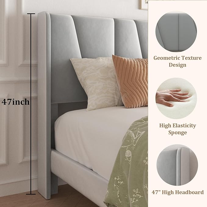 King Bed Frame with Storage Drawers, Upholstered Platform Bed with Headboard and Wingboard, No Box Spring Needed, NO Noise, Easy Assembly, Wooden Support Slats,Light Grey