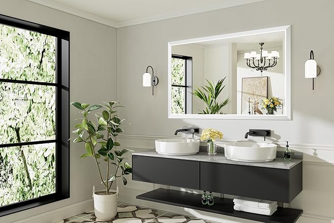 55x36 Inch White Bathroom Mirror for Wall, Thick Metal Framed Rectangle Mirrors for Over Sink, Bedroom, Living Room, Entryway, Anti-Rust, HD Tempered Glass
