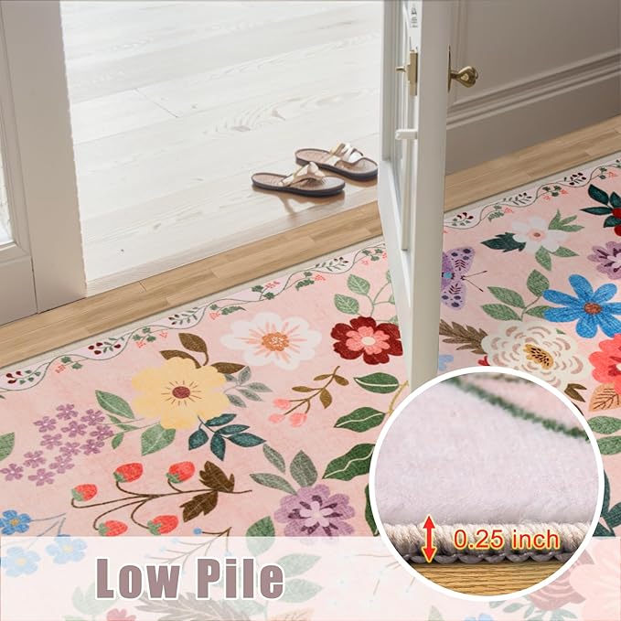 Runner Rug for Entryway: 2x10 Kitchen Rugs Non Slip Washable Ultra-Thin Soft Floral Carpet Indoor Floor Stain Resistant Carpets for Hallway Bedroom Kitchen Laundry Bathroom Dorm Beige