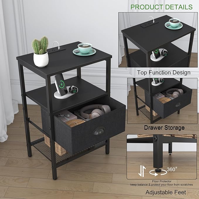 Sthmec Nightstands with Charging Station, LED Bedside Tables with Charging Station and Fabric Drawer, Night Stand with Storage, 3 Tier Side Table with Open Shelf, LED Nightstand Bedside Table,Black