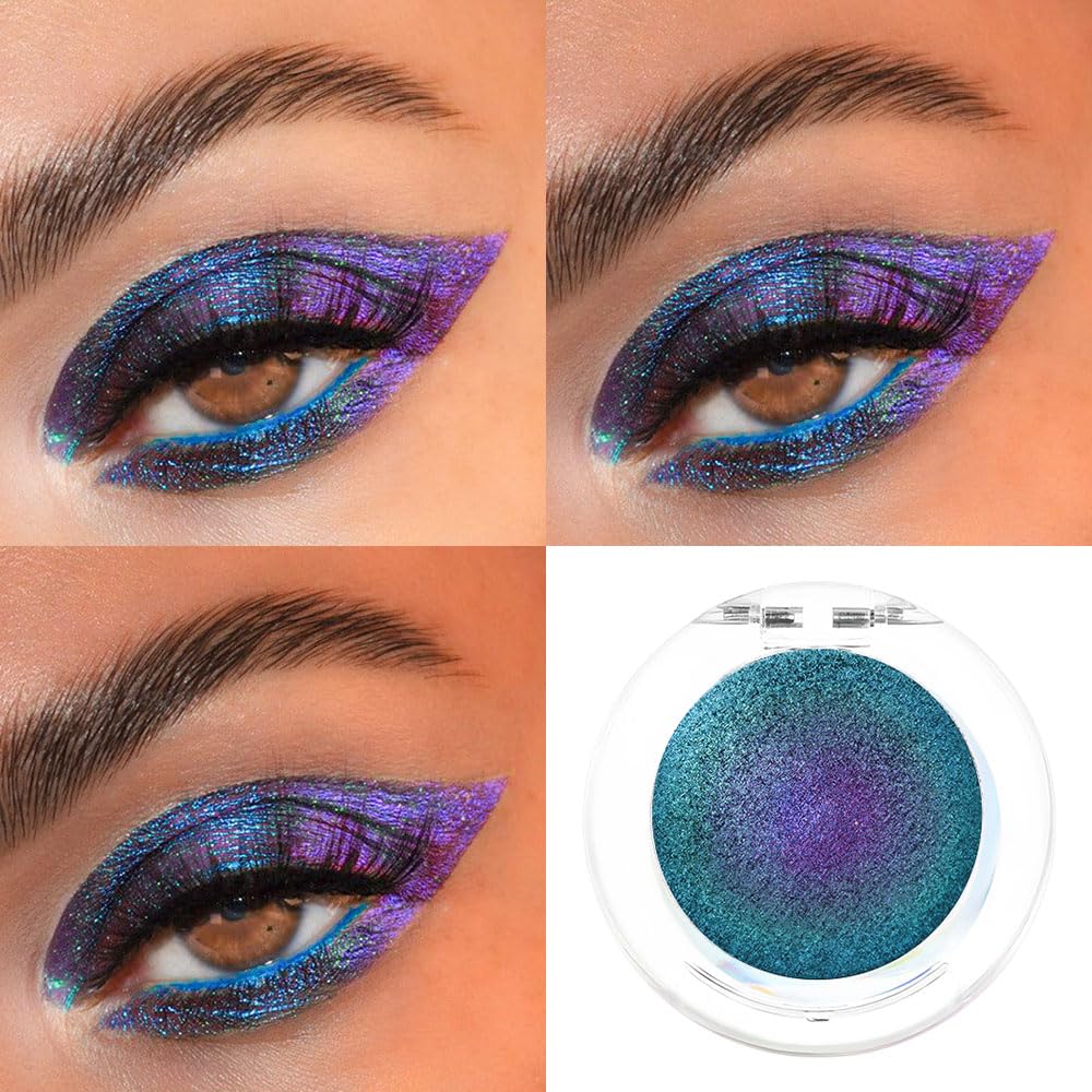 evpct Teal Blue Purple Glitter Eyeshadow Makeup Palette, Duochrome Chameleon chromatic Duo Chrome Multichrome Shimmer Metallic Gothic festival Single Eye shadow Palette Makeup for Older Women