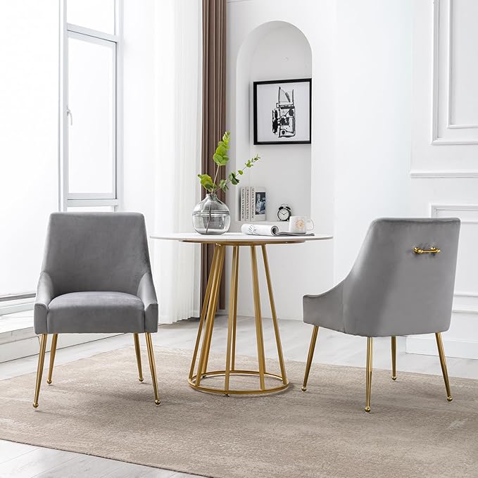 Modern Velvet Dining Chairs Set of 4, Contemporary Upholstered Furniture Collection with Polished Gold Metal Legs, Elegant Accent Chairs for Kitchen Living Room(Grey)