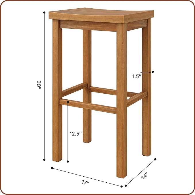 Grain & Grove Smith Collection Set of 2 Solid Wood Bar Stools, 30 inch Saddle-Seat Bar Chairs, Backless, Heavy-Duty Construction, Footrest Support, for Kitchen Islands, Home Bars, and Counters, Pecan