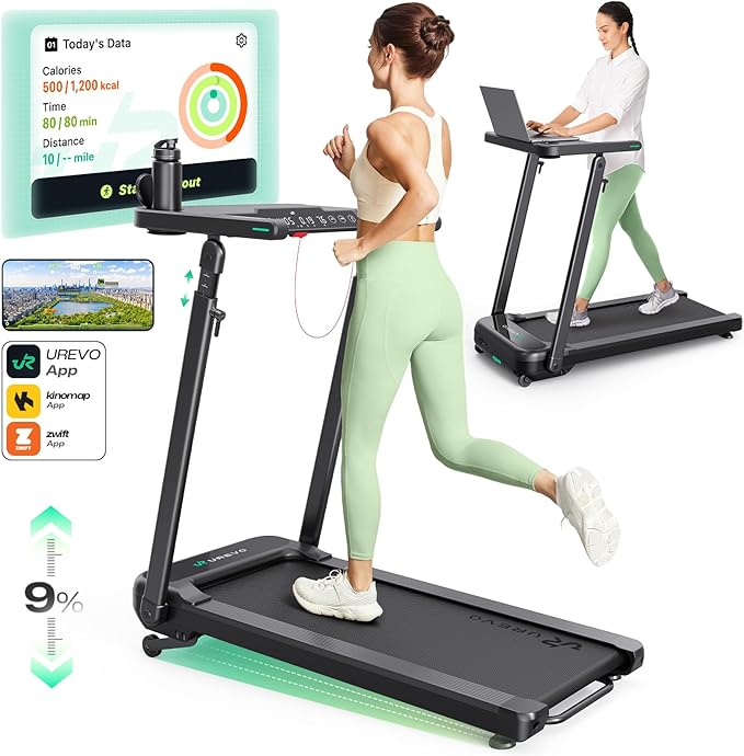 UREVO Treadmill with Desk Workstation, Walking Pad Treadmills for Home Office, Under Desk Compact Design Treadmill with HIIT Programs, Remote Control, LED Display