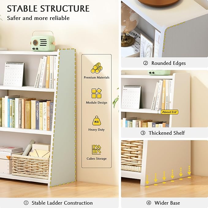 IOTXY Wooden Extendable Shelf Bookcase - 3-Tier Ladder Low Short Bookshelf for Small Space or Corner, Oak, L