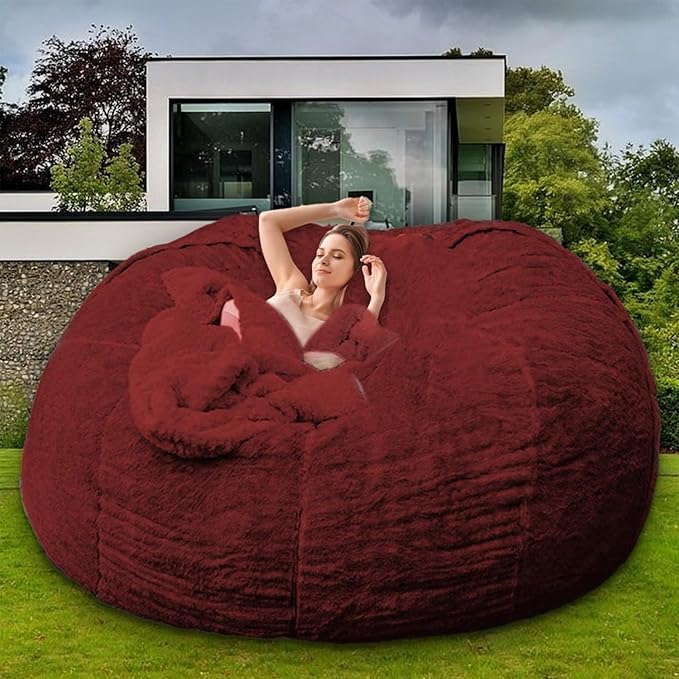 Bean Bag Chair for Adults Kids Without Filling Comfy Oversized Round Lazy Sofa Bean Bag Cover for Stuffed Animal Storage Bedroom Living Room Chairs, 6FT, Red Wine
