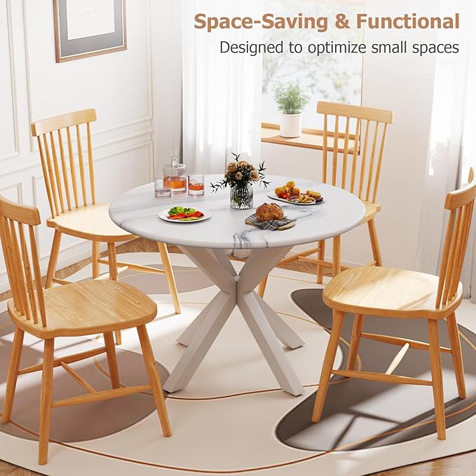 Round Dining Table, 42" Kitchen Dining Table for 4-6, Small Round Table with Metal Cross Legs, Modern Round Dining Room Table for Kitchen, Apartment, Living Room, White Marble