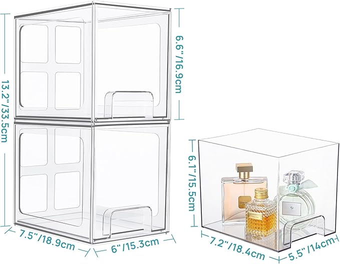 Vtopmart 2 Pack Stackable Storage Drawers, 6.6''Tall Acrylic Bathroom Makeup Organizers,Clear Plastic Storage Bins For Vanity, Undersink, Kitchen Cabinet,Pantry Organization and Storage