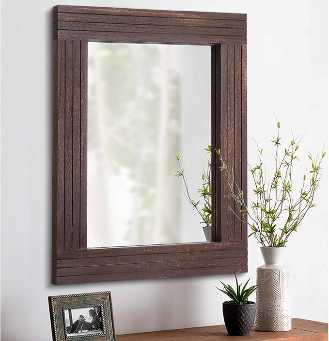Wood Wall Mirror Rectangular Framed Rustic Vintage Mirrors Decor Farmhouse Bedroom Bathroom Mirror for Dressing Table Entrance Large 26"x18" Brown