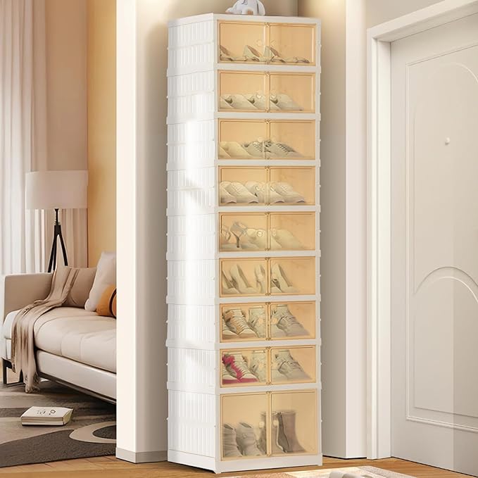 Foldable Shoe Organizer Storage Box, Portable Extra Large Folding Shoe Rack for Closet, Shoe Storage Box with Magnetic Transparent Door and Wheels, 9 Layers 18 Grids with 2 Big Grids