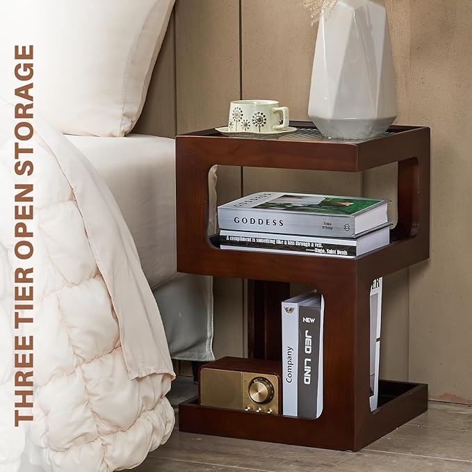 Uniclinens Bookshelf Nightstand 3-Tier Storage, End Side Table with Tempered Glass Desktop, Modern Solid Wood Bedside Table for Bedroom Living Room, Walnut