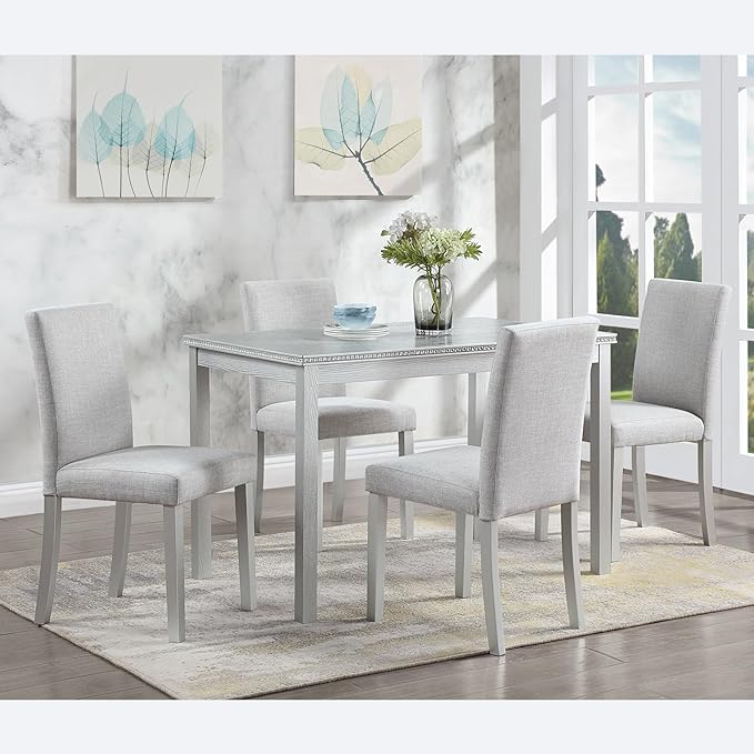 Ball & Cast 5 Piece Dining Table Set,Kitchen Table Set for 4 W/ 45.5" Rectangular Wooden Dining Table,Living Room Furniture W/ 4 Upholstered Chairs,for Dining Room,Kitchen,Silver Grey