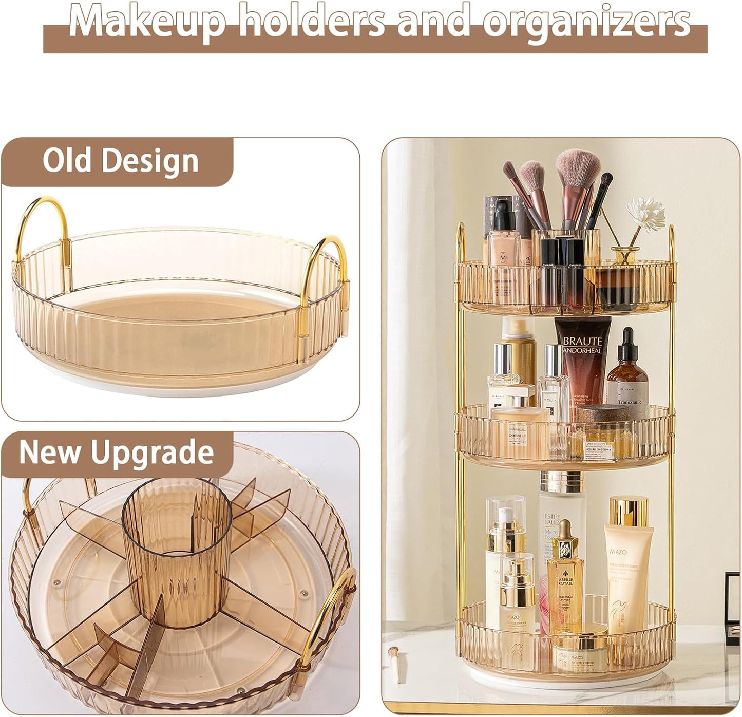 Rotating Makeup Organizer for Vanity, High-Capacity Skincare Clear Make Up Storage Perfume Organizers Cosmetic Dresser Organizer Countertop 360 Spinning (Gold, New-3 Tier)
