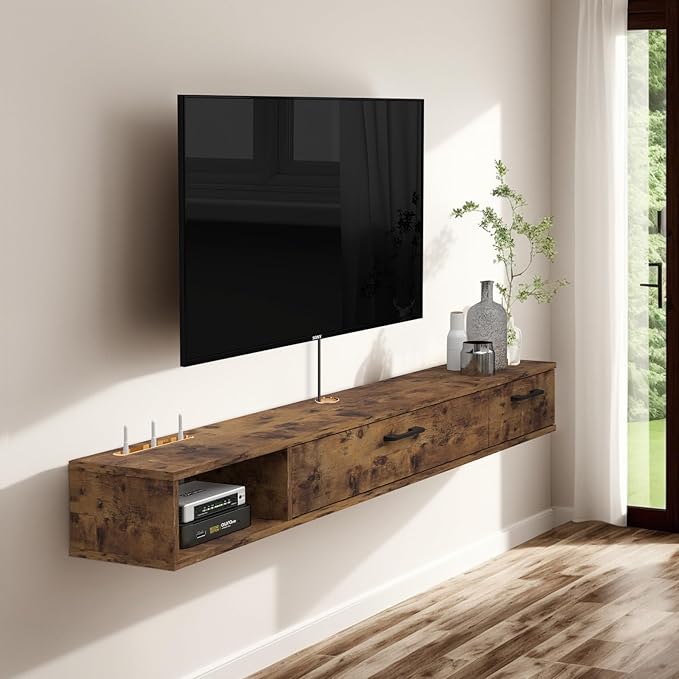 Pmnianhua Farmhouse Floating TV Stand with 2 Doors,55'' Under TV Shelf Floating,Wall Mounted TV Shelf,Rustic Floating TV Console for Under TV(Rustic Brown)