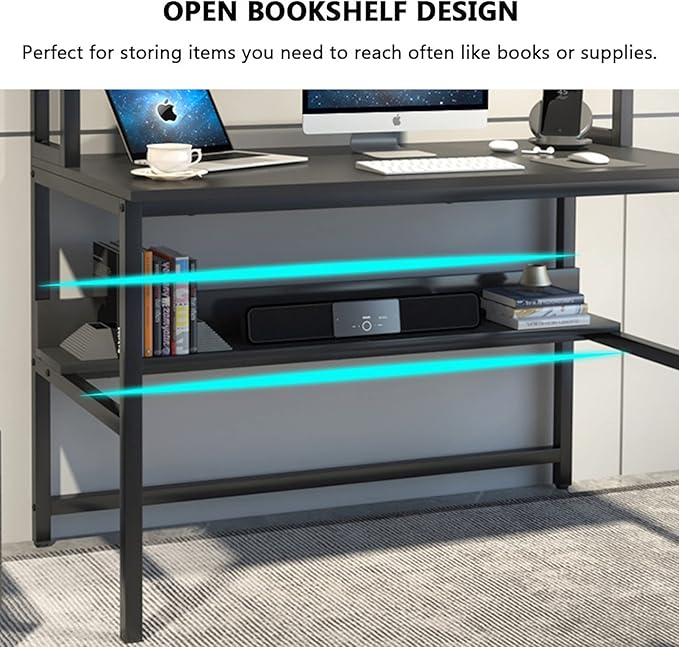Aquzee Computer Desk with Hutch and Bookshelves, Large Leg Room 47 inch Width Black Desk with Space Saving Storage Shelves for Home Office,Study, Work, Easy Assemble