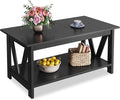 WLIVE Coffee Table with Storage Shelf, 39.4" Farmhouse Coffee Table with V-Frame Support, 2-Tier Wood Rustic Center Table for Living Room, Bedroom & Balcony, Black