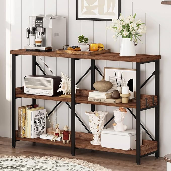 BON AUGURE Rustic Console Table with Shelves, 3 Tier Sofa Table Behind Couch for Living Room, Wood Metal Entryway Tables for Hallway, Foyer, Entrance (47 Inch, Rustic Oak)