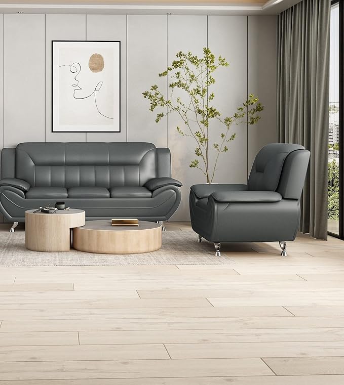 Container Furniture Direct Michael Modern Faux Leather Upholstered Stainless Steel Legs Living Room Sofa, Chair, Sleek Gray