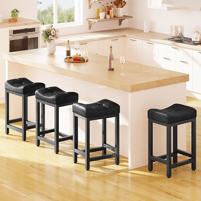 Dripex Backless Faux Leather Saddle Bar Stools Set of 2, 24 Inch Counter Height Barstools for Kitchen Island with 4" Thick Saddle Seats & Heavy Duty Metal Legs, Black