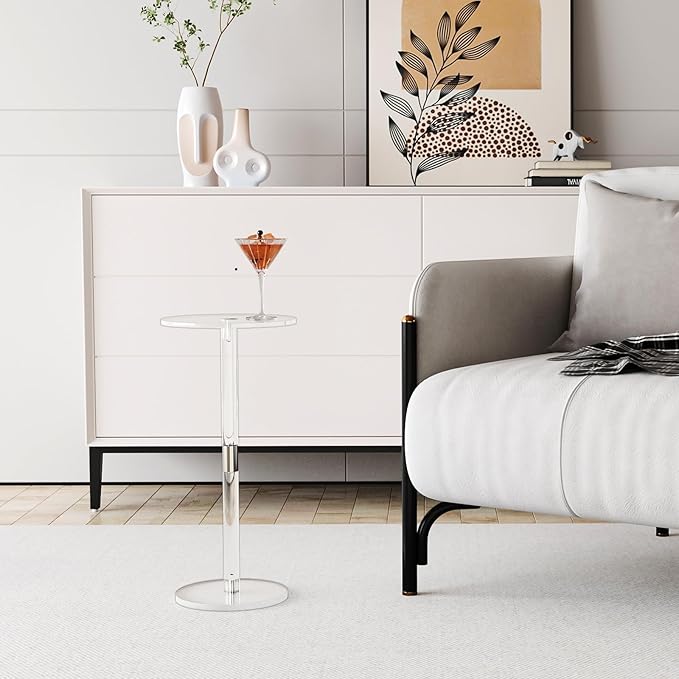 HMYHUM Acrylic Drink Table for Small Spaces, 10" L x 10" W x 21.3" H, Drink Side/End Table for Living Room, Round, Easy Assembly, Clear