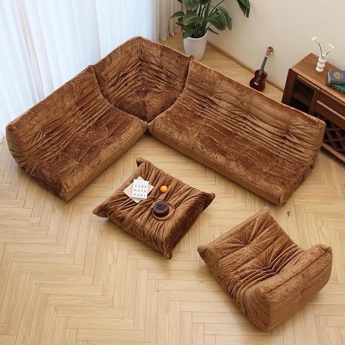 N&V Fireside Chair, Mid Century Armless Floor Sofa, Soft Premium Chenille Floor Lounge Chair, Foam Sofa Accent Chair for Living Room Bedroom and Office (Brown, Loveseat)