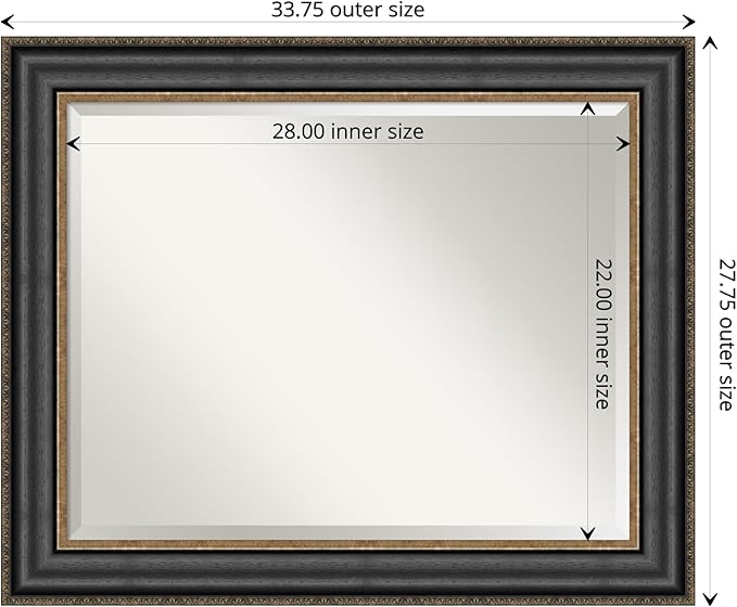 Amanti Art Black Bathroom Mirror for Over Sink, 28x34 Thomas Black Bronze Rectangle Vanity Mirror, Large Traditional Frame, Hangs Horizonally and Vertically, Bathroom Wall Decor, Beveled Edge