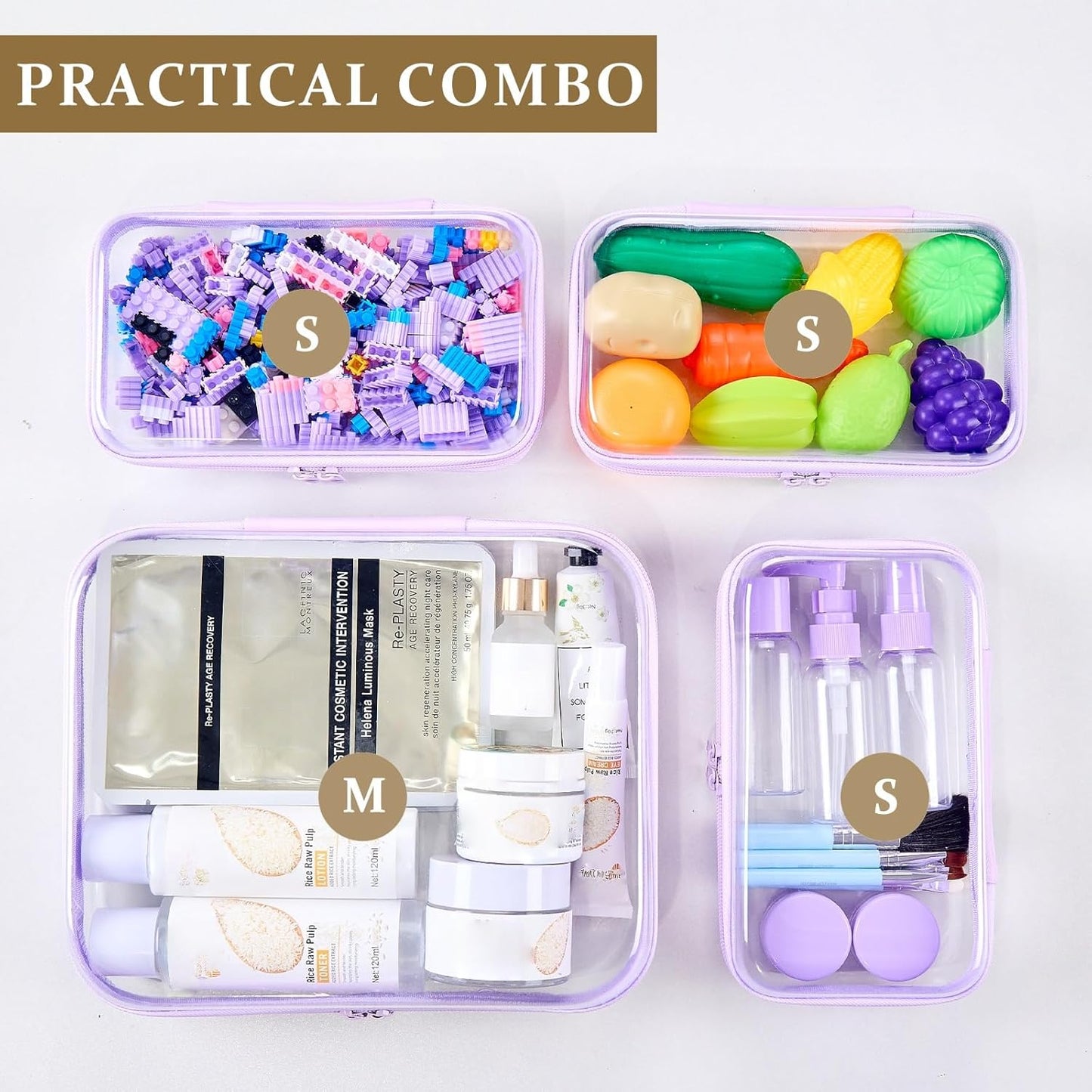 4 pcs Clear Zipper Pouches,Hard Shell Zipper Case, Toiletry Bag for Travel, CLear Diaper Bag, Toiletry Pouch, Travel Organizer, Clear Cosmetic Bag,Toy Storage Bins (M+3S) (Lavender)