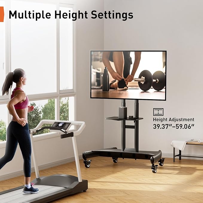 Perlegear Mobile TV Cart for 32-82 Inch Flat/Curved LED/LCD/OLED TVs Rolling TV Stand with Height Adjustable Shelf Max VESA 600x400mm up to 100lbs- Outdoor TV Stand Trolley with Wheels PGTVMC05-1