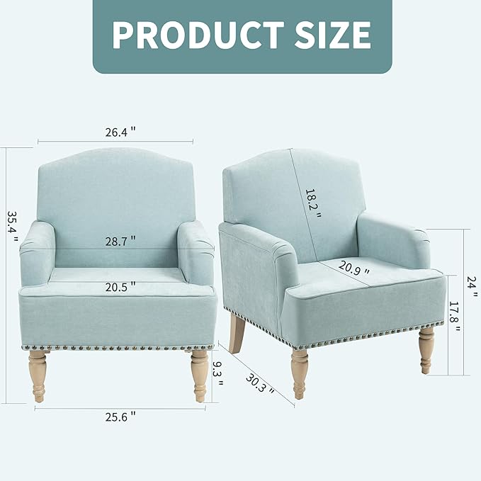 Ball & Cast Modern Accent Chair with Retro Wooden Legs & Nailhead Trim,Small Fabric Club Chair,Comfy Upholstered Armchair Lounge Seat for Bedroom Living Room Single Sofa, Sage