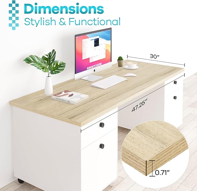 Kaboon Universal Tabletop 47.25"x30", Solid One-Piece Melamine Table Top, Double Desk L-Desk DIY, Home and Office, Oak/Grey Tone
