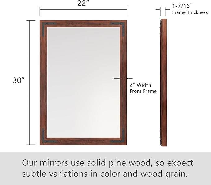 VocalStar Rustic Wood Framed Mirror 22 x 30 Inch, Natural Dark Brown Wooden Rectangle Bathroom Vanity Wall Mirror for Farmhouse Boho Decor, 1/4-inch Shatterproof Glass | Waterproof