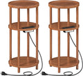 HOOBRO Set of 2 Small Round Side Tables with Charging Station, 3-Tier Round Bamboo End Tables, Easy Assembly, for Living Room, Bedroom, Apartment, Walnut WL152UBZP201