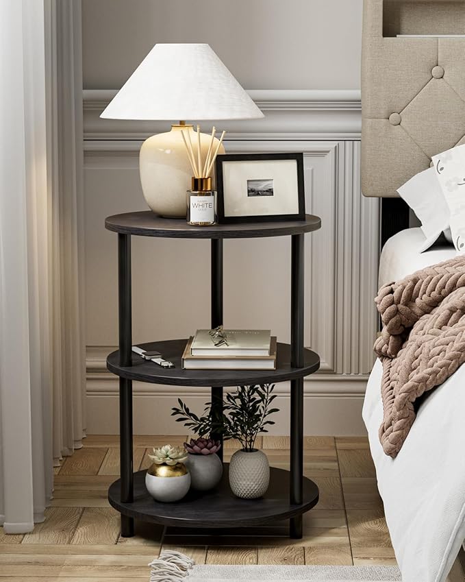 Small Round End Table - 3 Tier Design Accent Table, Narrow Side or Bedside Stand, Industrial Vintage Nightstand for Bedroom, Living Room, or Small Spaces, Charcoal Wenge