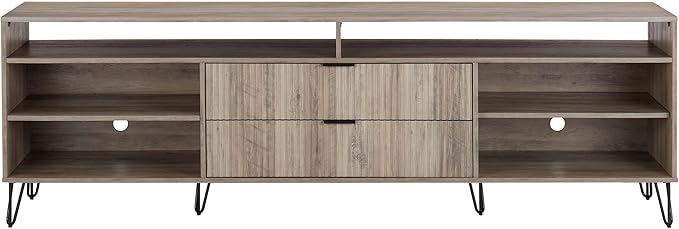 Manhattan Comfort Dumbo Mid Century Modern TV Stand for Televisions up to 80 Inches, Home Entertainment Center with Storage, 6 Shelves, 2 Drawers, No Tool Assembly, 85" Wide, Golden Brown