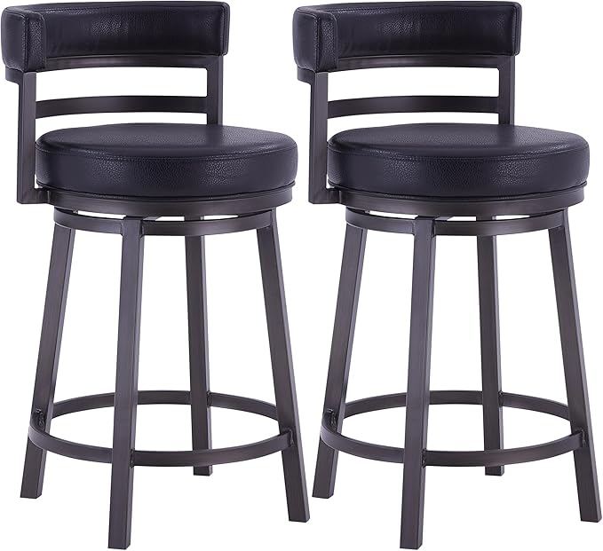 Armen Living Madrid 30" Seat Height Swivel Ford Black Faux Leather and Mineral Finish Bar Stool for Kitchen Island Counter, Set of 2