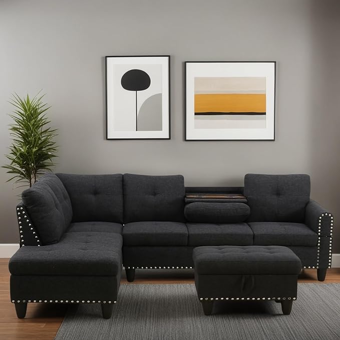 L Shaped Sectional Couches for Living Room, Modular 4 Seat Sofa with Ottoman Storage, Modern Couch with Chaise for Bedroom Apartment Furniture, Black