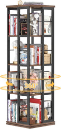 Aheaplus Rotating Bookshelf, Corner Bookcase, 360 Display Wood Spinning Bookshelves, Floor Standing Bookcases Narrow Shelf, 4 Tiers, Rustic Brown