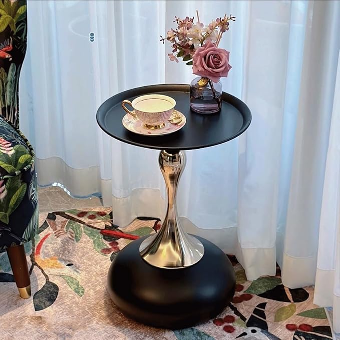 Modern Round Side Table with Gold Pedestal Base, Black Metal Top, Accent End Table for Living Room (Black+Black)