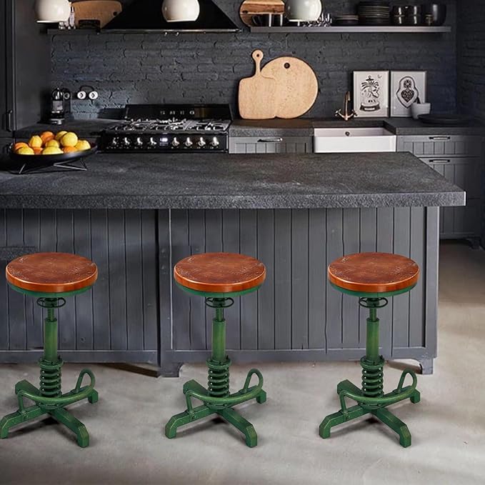 LOKKHAN American Antique Steampunk Bar Stool 24.41"-28.35" Vintage Industrial Adjustable Swivel Backless Counter Stool for Dining, Breakfast, Pub, (Heavy Duty Metal & Wood, Aged Green, Brown Top)