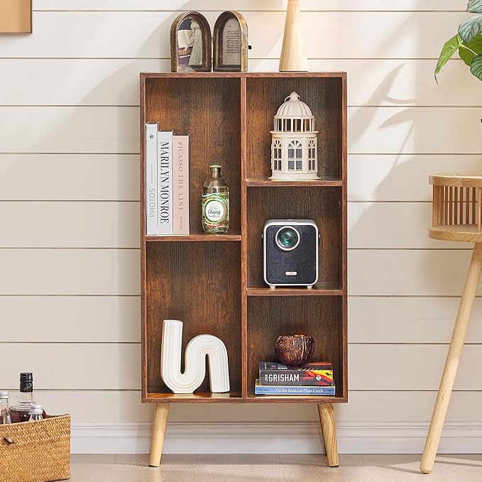 LEYAOYAO 5 Cube Small Bookshelf,3 Tier Mid-Century Bookcase with Legs,Wood Bookshelves Storage Organizer Shelf,Narrow Book Shelves,Brown Bookcases