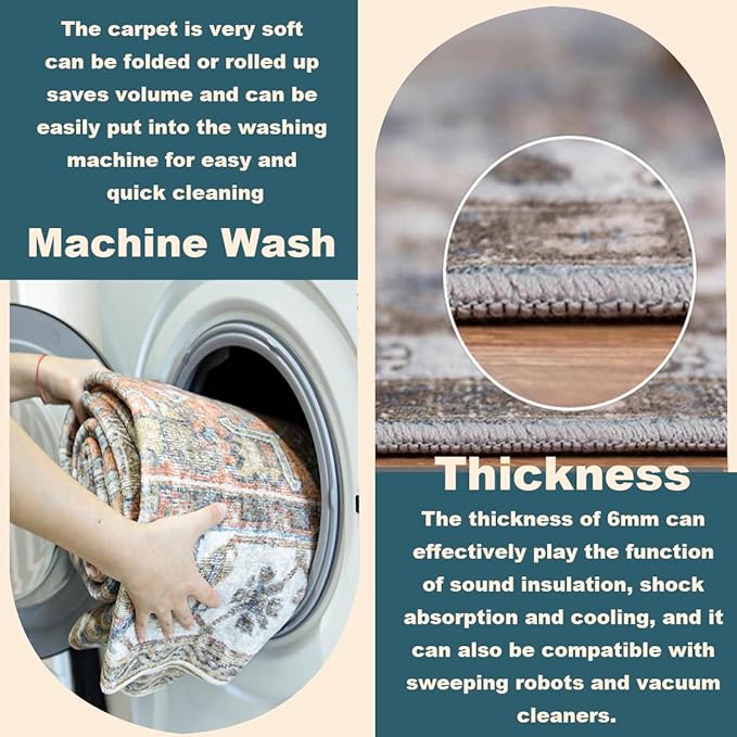 Area Rug 5'x7' Washable Rug Vintage Traditional Floor Cover Thin Retro Kitchen Indoor Distressed Non Slip Carpet for Living Room Bedroom Dining Room
