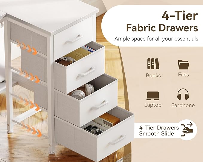 Casaottima L Shaped Desk with 4 Drawers, 40" Small White Computer Desk with Storage, Reversible Kids Study Desk with CPU Stand & Hook, Corner Desk for Home Office