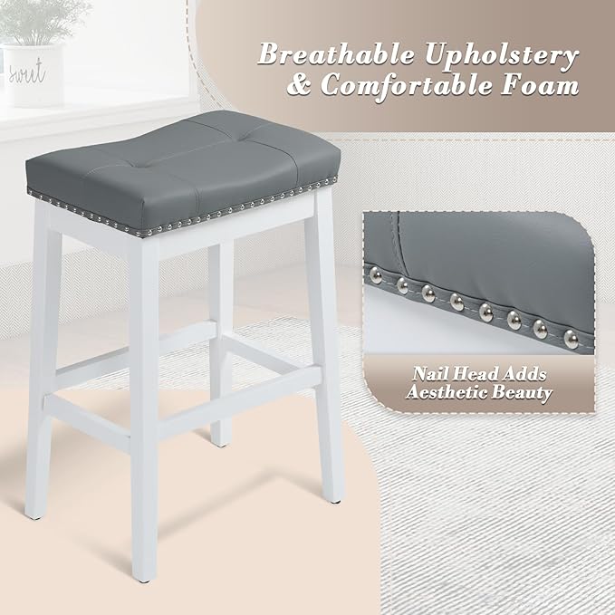 Athena Collection Counter Height Bar Stools Set of 2, 29.5 Inches Backless Saddle Bar Stools with Leather Upholstered and Nailhead Trim, Barstools for Counter, Kitchen Island, Dining Room, Grey
