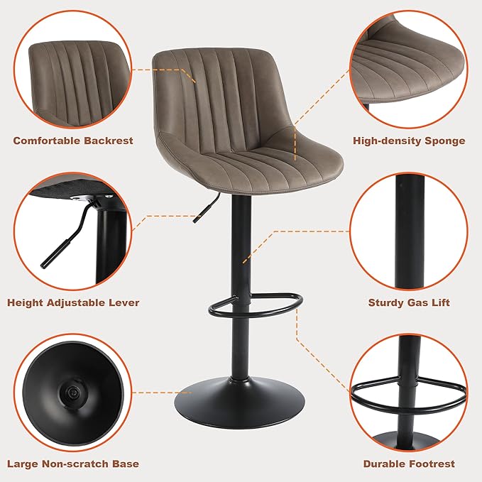 Bar Stools Set of 2, Swivel Counter Height Barstools with Back, Adjustable Faux PU Leather Bar Chairs, Modern Armless Kitchen Island Stool, Brown
