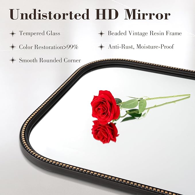 Axeman 24x36 Rounded Rectangular Wall Mirror, Decorative Bathroom Mirror, Traditional Vintage Wall Mounted Mirror with Beaded Frame for Accent Living Room Vanity Bedroom Entryway, Black