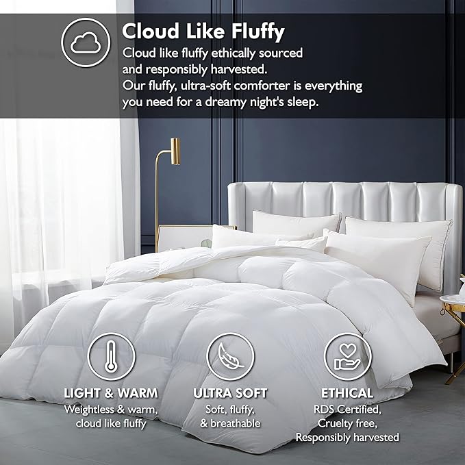 Luxurious White Solid Heavy Weight, King Size Goose Feathers Down Comforter for Winter Weather Duvet Insert, Premium Baffle Box, 100% Egyptian Cotton Cover, 70 oz. Fill Weight