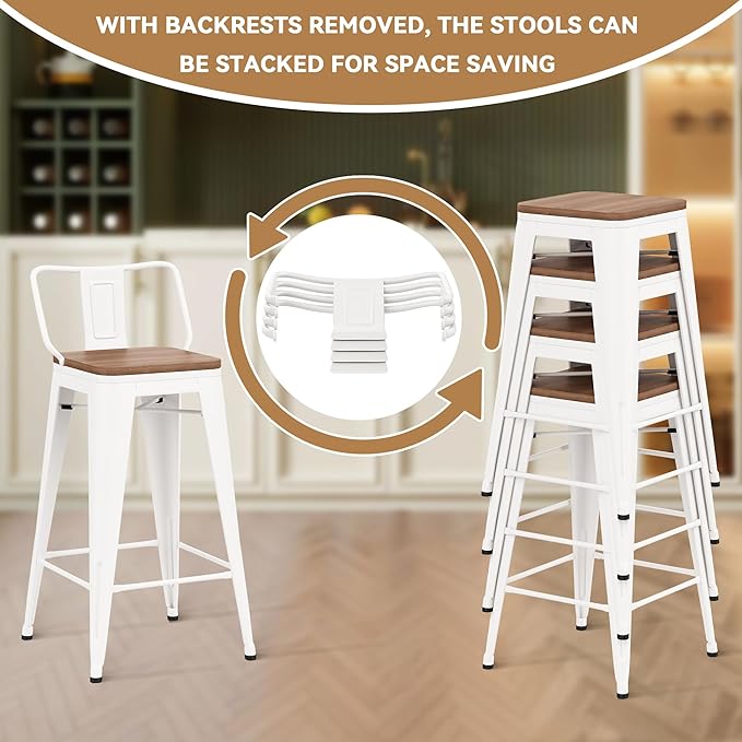 30 Inch Swivel Bar Stools Set of 4 with Backs Counter Height Industrial Metal Barstools Island Bar Chairs for Home Kitchen Dining Room (Swivel 30 inch, White Wooden)
